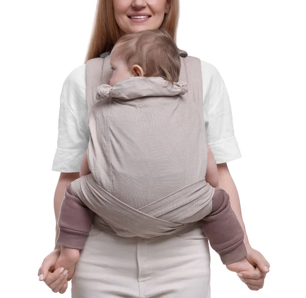 Mother Holding Her Child Sling Baby Carrier White Background Closeup — Stock Photo, Image
