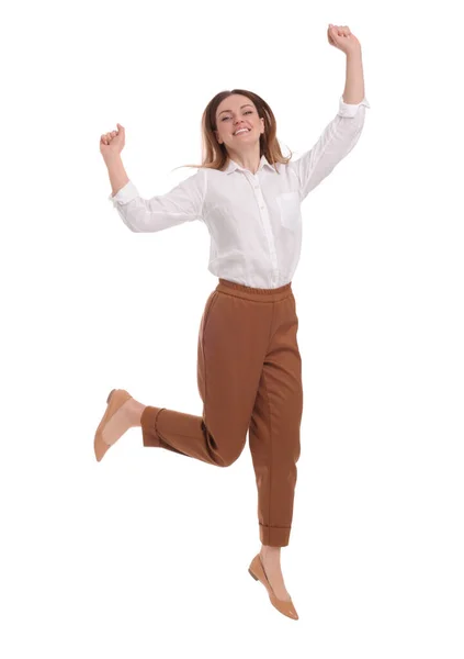 Hermosa Mujer Negocios Feliz Saltando Sobre Fondo Blanco —  Fotos de Stock