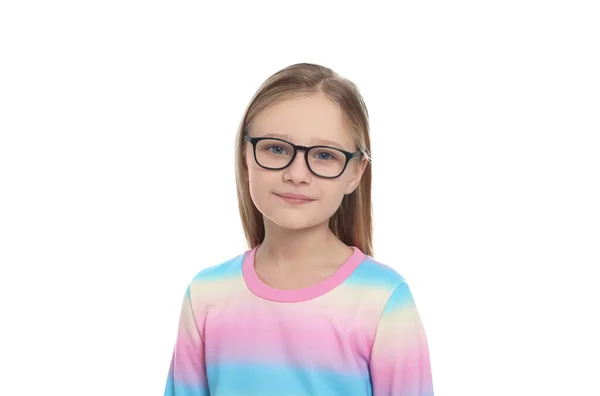 Retrato Menina Bonito Óculos Fundo Branco — Fotografia de Stock