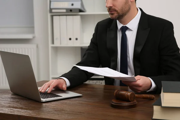 Law Justice Lawyer Working Documents Laptop Wooden Table Office Closeup — Fotografia de Stock