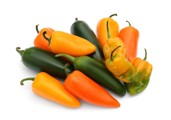 Different Hot Chili Peppers Isolated White Top View — Stock Photo, Image