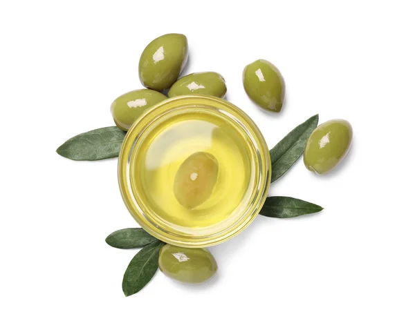 Cooking Oil Bowl Olives Leaves White Background Top View — Fotografia de Stock