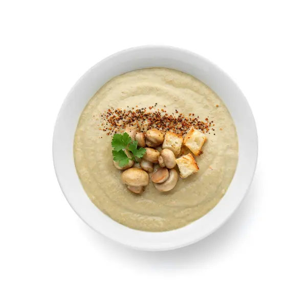 Köstliche Sahnesuppe Mit Pilzen Und Croutons Auf Weißem Hintergrund Draufsicht — Stockfoto