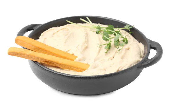 Köstlicher Hummus Mit Grissini Sticks Auf Weißem Hintergrund — Stockfoto
