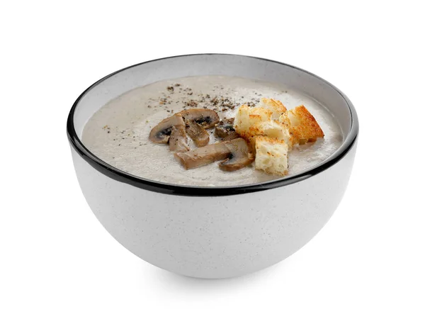 stock image Delicious cream soup with mushrooms and croutons on white background