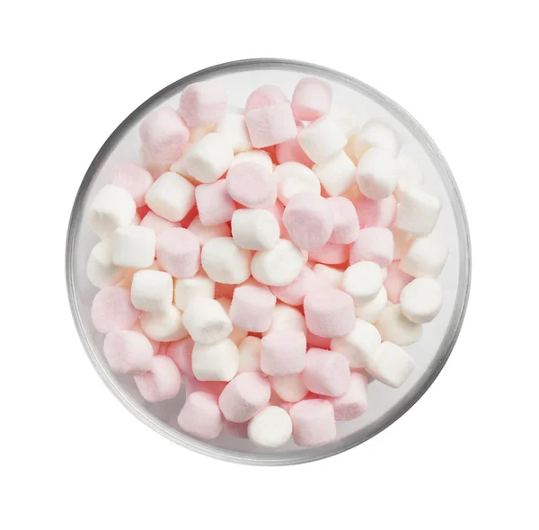 Skleněná Miska Lahodným Sladkým Marshmallow Izolované Bílém Horní Pohled — Stock fotografie