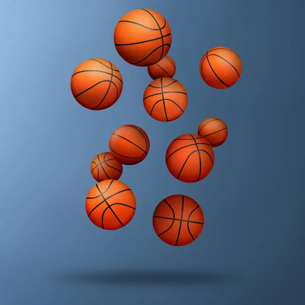 鋼青勾配の背景に落ちる多くのバスケットボールボール — ストック写真