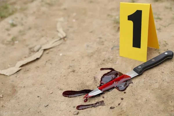 Crime Scene Marker Bloody Knife Ground Outdoors Space Text — Stock Photo, Image