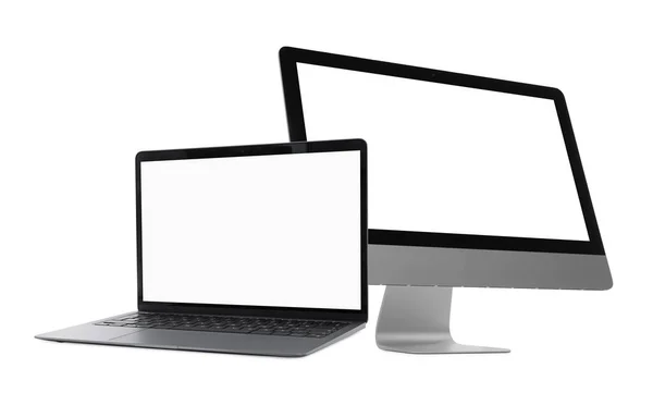 电脑显示器和笔记本电脑 白色背景上的空白屏幕 用于设计的模型 — 图库照片