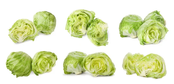 Collage Mit Frischen Salatköpfen Auf Weißem Hintergrund — Stockfoto