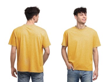 Beyaz arka plan, arka ve ön manzara üzerinde sarı tişörtlü adamın fotoğraflarıyla kolaj. Tasarım için model