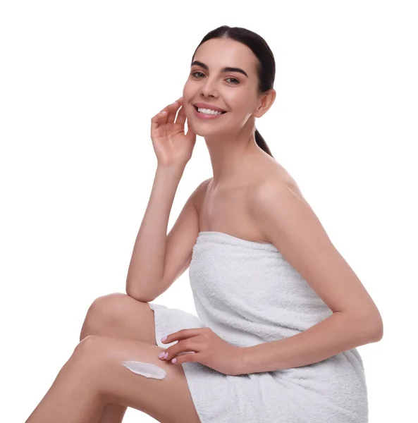 Beautiful Woman Smear Body Cream Her Leg White Background — Stock Photo, Image