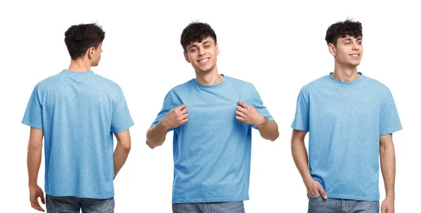 白を背景に バックとフロントビューにライトブルーのTシャツで男の写真とコラージュ デザインのためのモックアップ — ストック写真