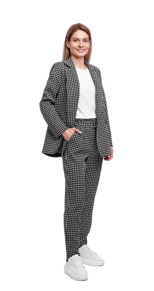 Schöne Glückliche Geschäftsfrau Anzug Auf Weißem Hintergrund — Stockfoto
