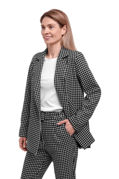 Beautiful Happy Businesswoman Suit White Background — Stock Photo, Image
