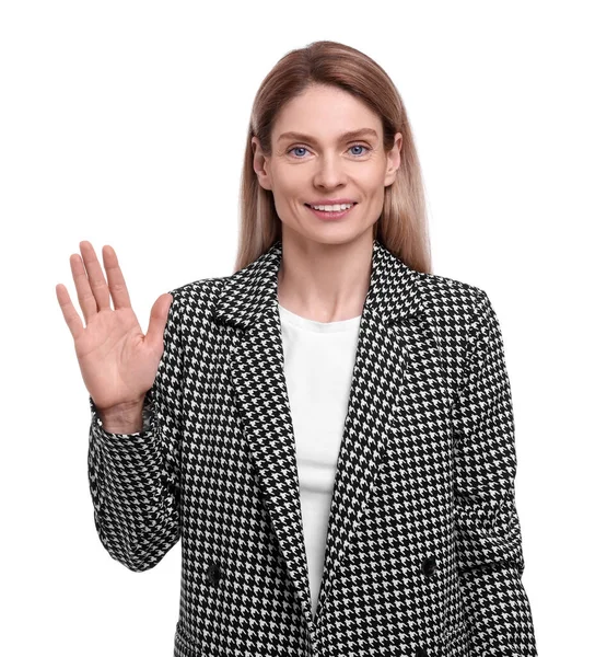 Vacker Glad Affärskvinna Kostym Välkomnande Vit Bakgrund — Stockfoto