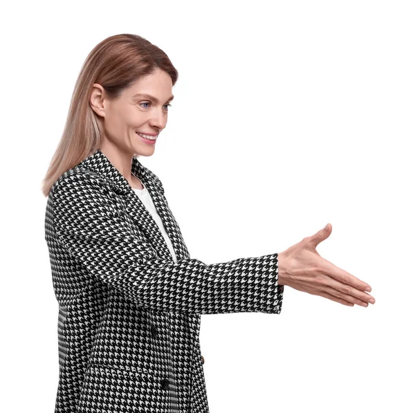 Vacker Glad Affärskvinna Kostym Ger Handslag Vit Bakgrund — Stockfoto