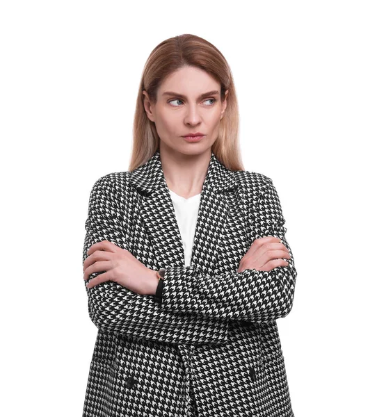 Vacker Känslomässig Affärskvinna Kostym Vit Bakgrund — Stockfoto