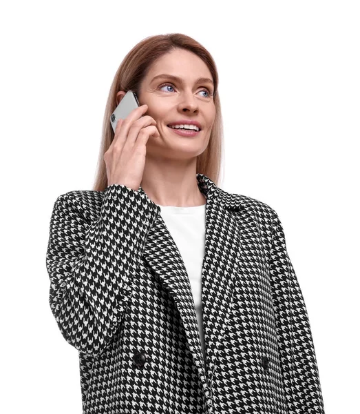 Piękny Szczęśliwy Bizneswoman Mówi Smartfonie Białym Tle — Zdjęcie stockowe