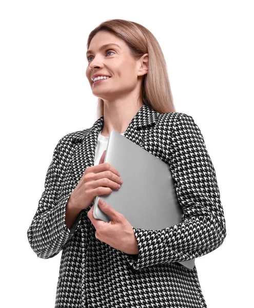 漂亮而快乐的女商人 有白色背景的笔记本电脑 — 图库照片