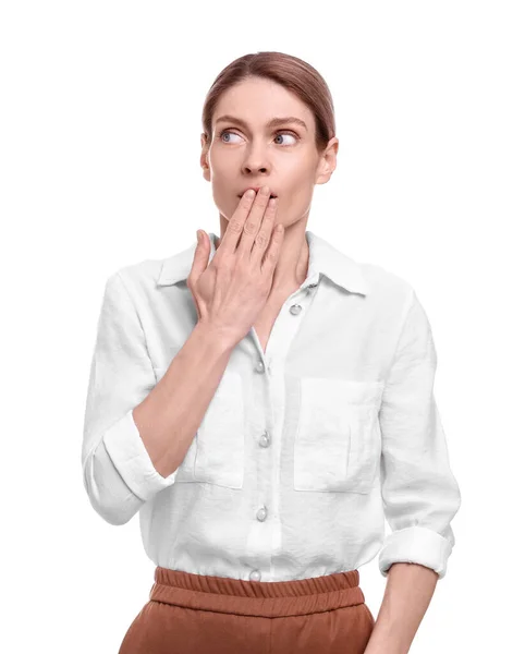 Schöne Emotionale Geschäftsfrau Posiert Auf Weißem Hintergrund — Stockfoto