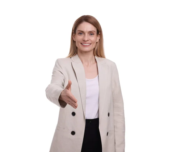 Retrato Bela Mulher Negócios Feliz Dando Aperto Mão Fundo Branco — Fotografia de Stock