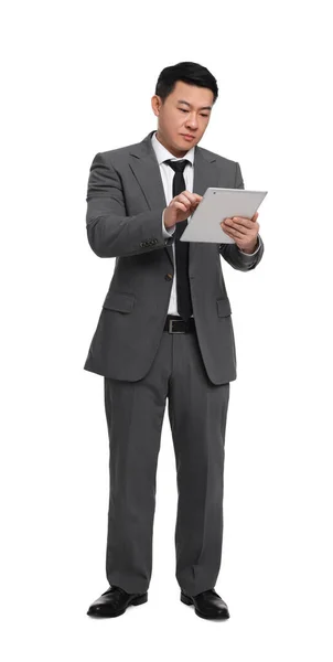 Businessman Suit Using Tablet White Background — Stock Photo, Image