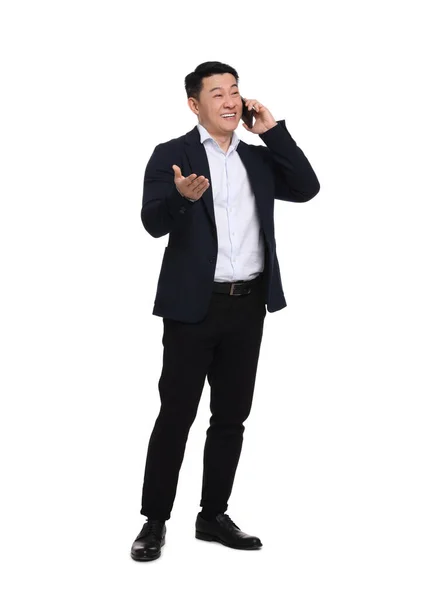 Бізнесмен Костюмі Говорить Телефону Білому Тлі — стокове фото