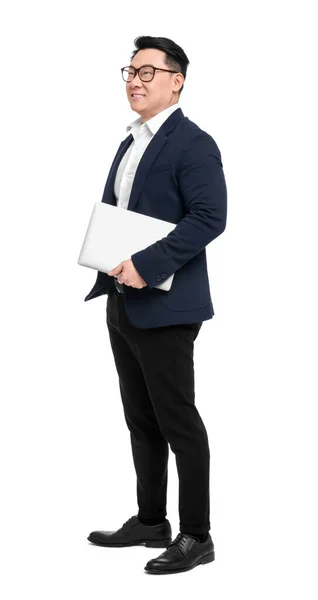 Beyaz Arka Planda Dizüstü Bilgisayarı Olan Takım Elbiseli Bir Adamı — Stok fotoğraf
