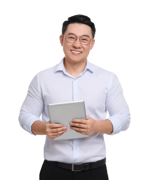 Biznesmen Formalnym Ubraniu Tabletką Białym Tle — Zdjęcie stockowe