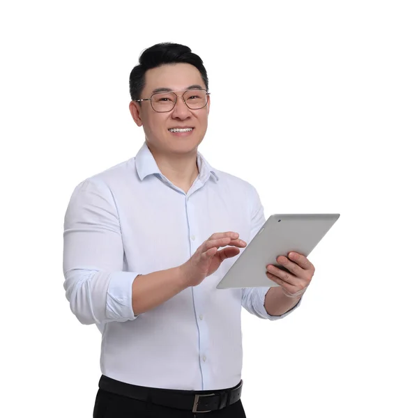 Biznesmen Formalnym Ubraniu Tabletką Białym Tle — Zdjęcie stockowe