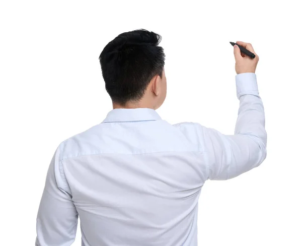 stock image Businessman in formal clothes with marker writing on white background, back view