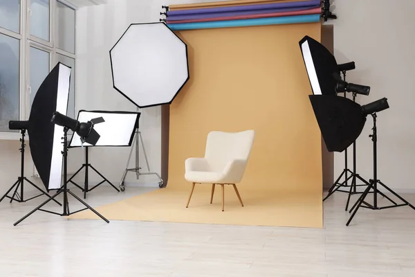 Interior Modern Photo Studio Armchair Professional Lighting Equipment — Fotografia de Stock