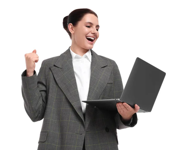 Mulher Negócios Bonita Com Laptop Fundo Branco Visão Baixo Ângulo — Fotografia de Stock