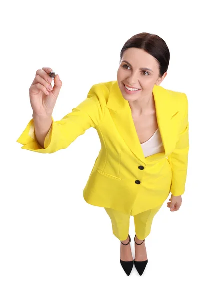 漂亮的女商人 身穿黄色西服 背景为白色 上图所示 — 图库照片
