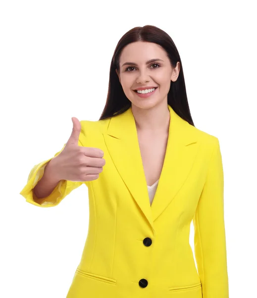 Vacker Glad Affärskvinna Gul Kostym Visar Tummen Upp Vit Bakgrund — Stockfoto