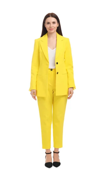 Όμορφη Επιχειρηματίας Κίτρινο Κοστούμι Λευκό Φόντο — Φωτογραφία Αρχείου