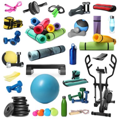 Set with different sports equipment on white background