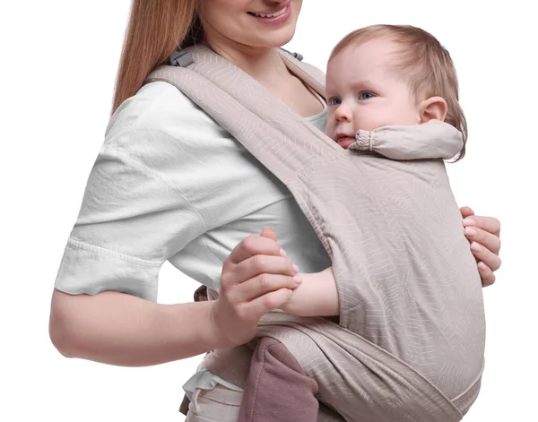 Moeder Houdt Haar Kind Draagdoek Babydrager Witte Achtergrond Close — Stockfoto