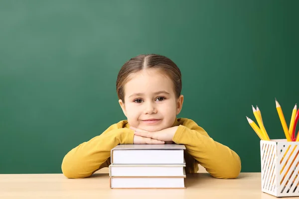 Happy Little School Child Sitting Desk Books Chalkboard — Stock Photo, Image