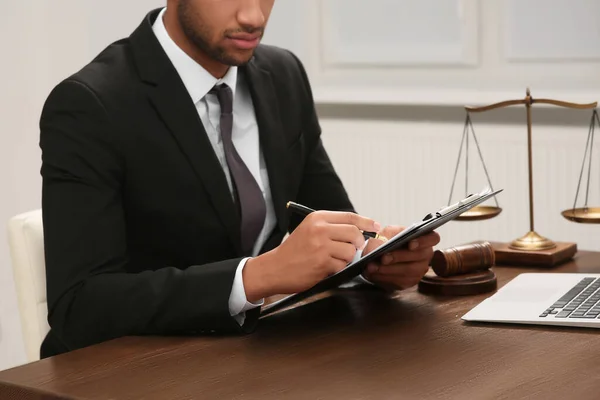 Law Justice Lawyer Working Documents Wooden Table Office Closeup — Stock Photo, Image