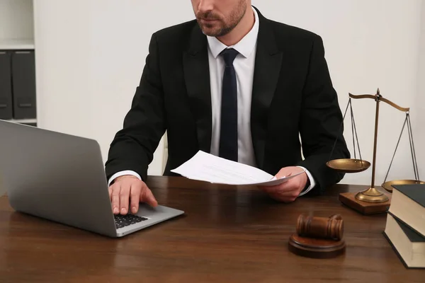Law Justice Lawyer Working Documents Laptop Wooden Table Office Closeup — Fotografia de Stock