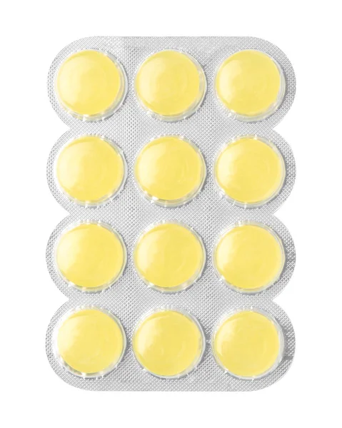 Blister Con Gotas Tos Amarilla Aisladas Blanco Vista Superior —  Fotos de Stock
