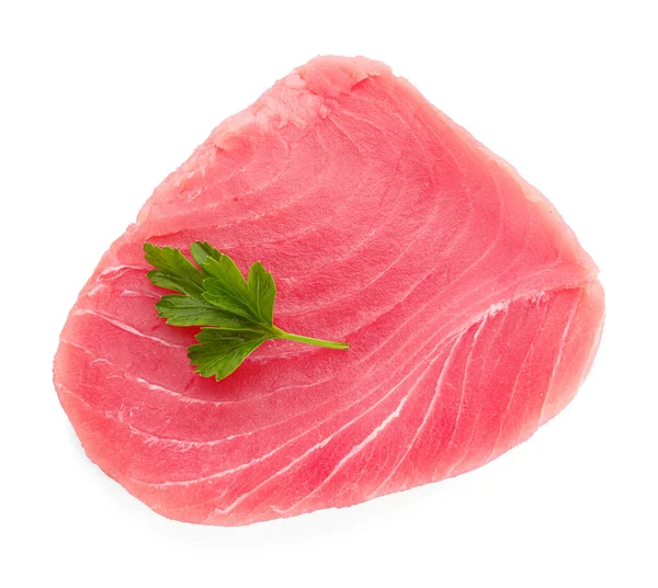 Raw Tuna Fillet Parsley Leaf Isolated White Top View — Stock Photo, Image
