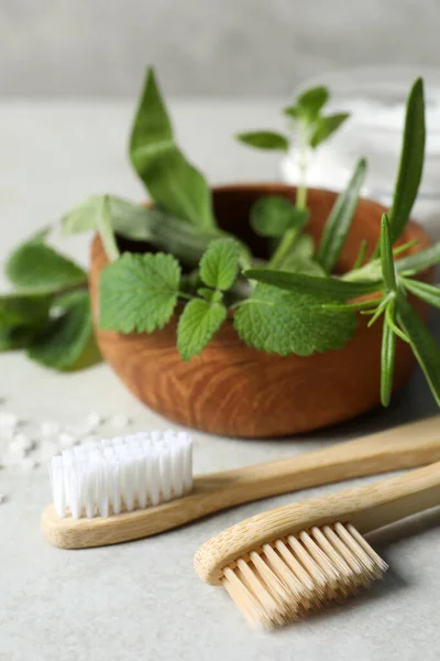 stock image Toothbrushes and green herbs on light grey table, closeup