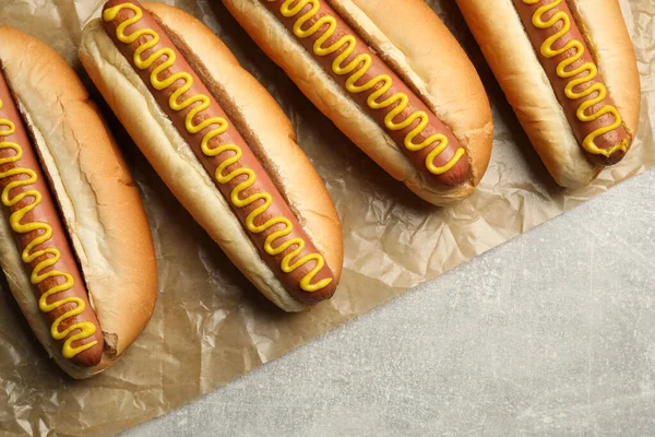 Fresh Delicious Hot Dogs Mustard Light Grey Table Top View — Stock Photo, Image