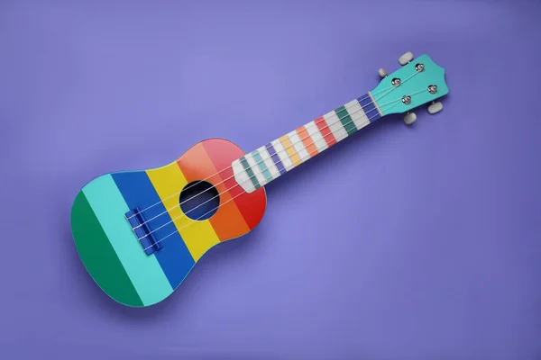 Ukulélé Coloré Sur Fond Violet Vue Dessus Instrument Musique Cordes — Photo
