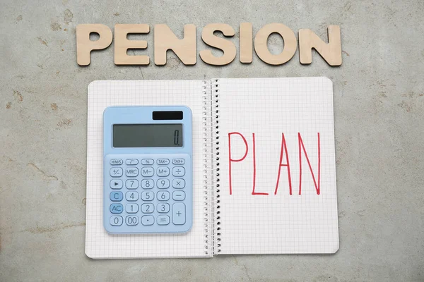 Pension Plan. Wooden letters, notebook and calculator on light textured table, flat lay