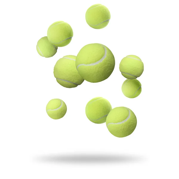 Birçok Tenis Topu Beyaz Arka Plana Düşüyor — Stok fotoğraf