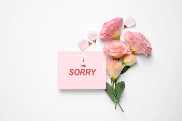 Apology Pink Card Circled Phrase Sorry Beautiful Eustoma Flowers White — Stock Photo, Image